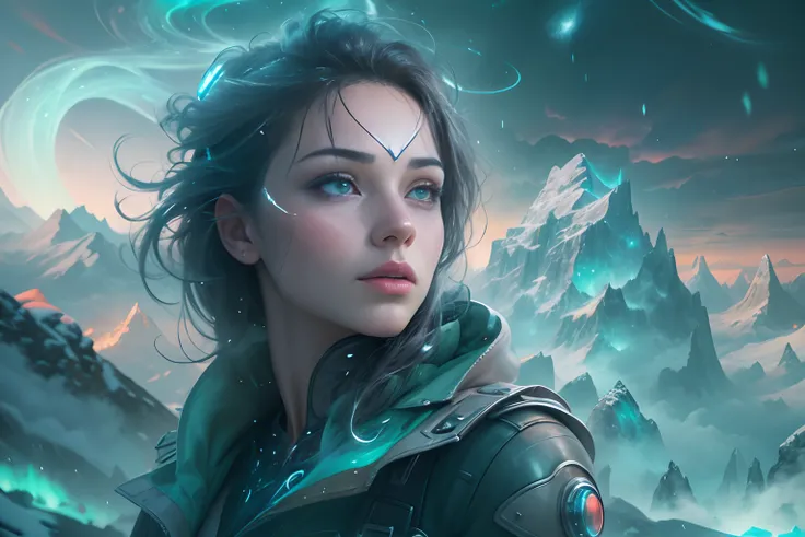 ModelShoot style, (Extremely detailed Cg Unity 8K wallpaper),cyber punk perssonage [Snowy mountain landscape with fog，snow mountains] ，Immerse yourself in the beautiful aurora，Live in the clouds of the starry sky，Behind the clouds，（multiple exposure：1.8），(...