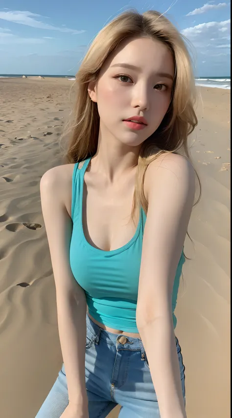 （Lifelike， A high resolution：1.3）， 1 girl with a perfect body， Super fine face and eyes，long whitr hair， Tank top of random colors：1.2， short jeans pants，（The background is sand and sea）（blue-sky）（Tyndall Sunshine）