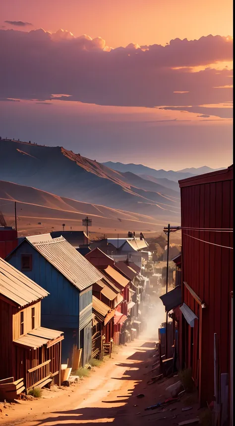 9:16 image of Silver mining in Virginia city old west Wild West vintage colors, old west red sky and dust.