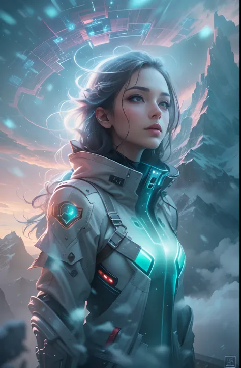 ModelShoot style, (Extremely detailed Cg Unity 8K wallpaper),cyber punk perssonage [Snowy mountain landscape with fog，snow mountains] ，Immerse yourself in the beautiful aurora，Live in the clouds of the starry sky，Behind the clouds，（multiple exposure：1.8），(...