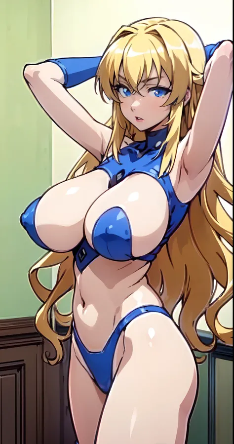 "((All  briefs body visible)), (arms above head),(" wife room background ") ,(blue eyes), (long wavy blonde hair), (huge tits),(masterpiece anime face ),(1girl),(realistic), (masterpiece eyes detailed) "