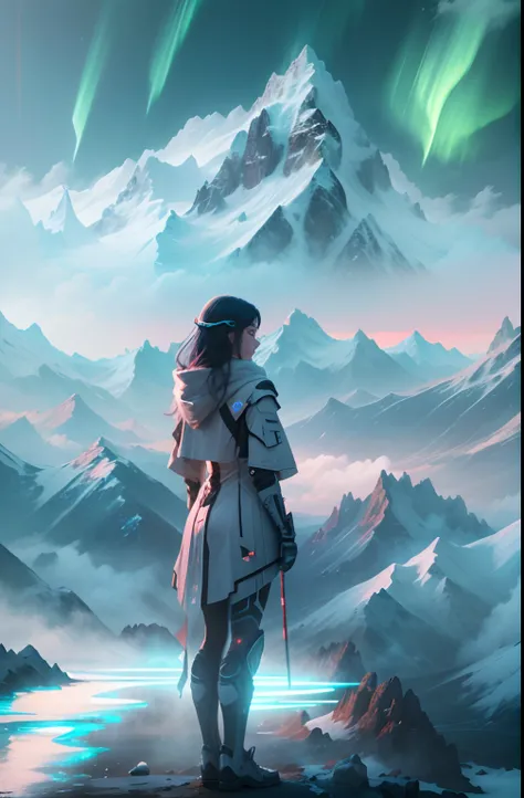 ModelShoot style, (Extremely detailed Cg Unity 8K wallpaper),cyber punk perssonage [Snowy mountain landscape with fog，snow mountains] Immerse yourself in the beautiful aurora，Live in the clouds of the starry sky，Behind the clouds，（Doubleexposure：1.3），(Tran...