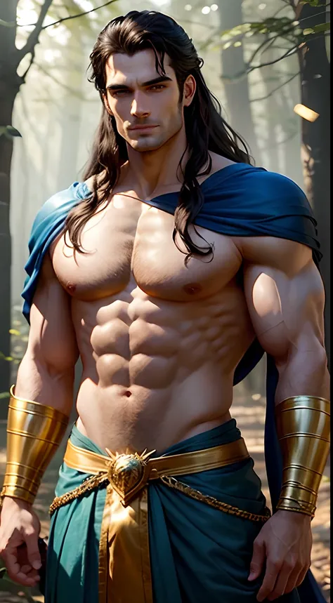 Henry Cavill, tall, handsome, long hair, robust, shirtless, wearing gold ornaments, wearing a blue silk dhoti, smiling, a large sword in his hand, upper body, closeup, smiling, standing in a forest