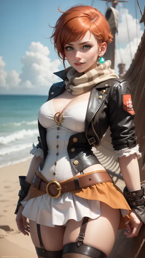 gwen tennyson,tracer,yorha 2b,teenager, atelier ryza,pirate outfit,beach,green eyes,long scarf,thigh high boots,garter belt, shy smile,striped panties,short hair,orange hair,pirate ship,white striped top,tight micro skirt,wet body, freckles,redhead,pirate ...