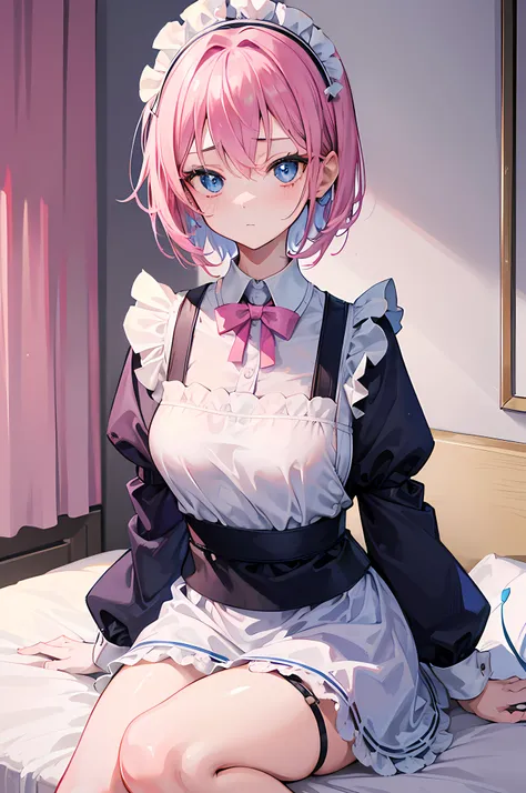 1girl, blue eyes, short pink hair, shy, maid, bed, absurdres, high res, ultrasharp, 8k, masterpiece, looking at viewer, sitting on bed, beautiful