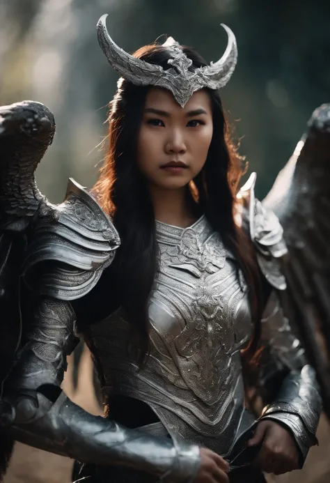 Asian girl with silver armor and big demon wings