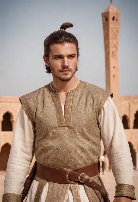 strong, A young man with brown and white hair, A light beard and a full body dressed as a warrior standing in the palaces of Andalusia Moroccan Zellige,The whole body looks at the camera holding a sword