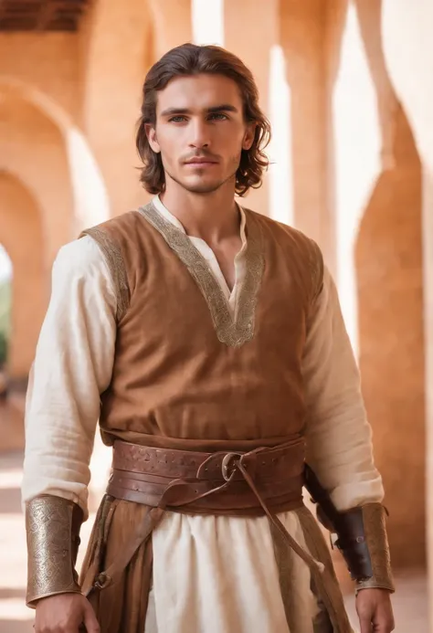 strong, A young man with brown and white hair, A light beard and a full body dressed as a warrior standing in the palaces of Andalusia Moroccan Zellige,The whole body looks at the camera holding a sword