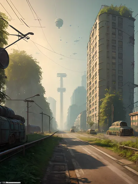 street of soviet union abandoned city, overgrown with greenery buildings, summer, sunrise, 4k, wallpaper,Science Fiction,Lighting,Environmental Concept Art &amp; Design,Digital 3D,Character Modeling,3D,realistic,textures,cgi,environment,((Simon Stalenhag))...