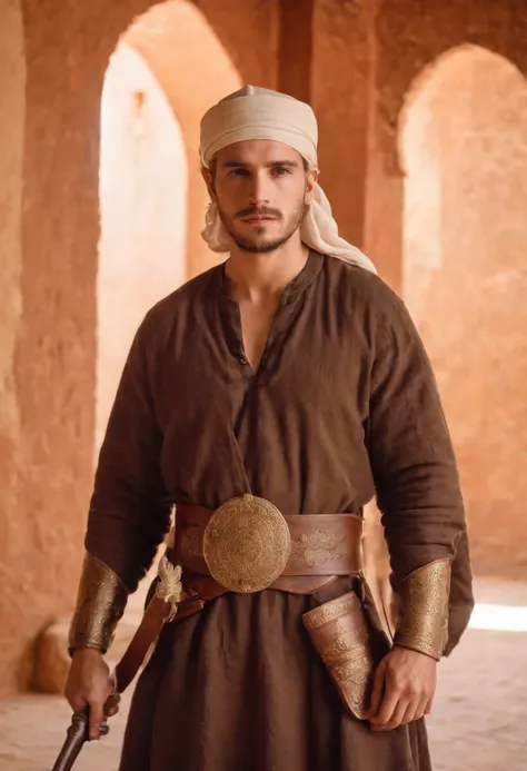 strong, A young man with brown and white hair, A light beard and a full body dressed as a warrior standing in the palaces of Andalusia Moroccan Zellige,Islamic war hat,The whole body looks at the camera holding a sword