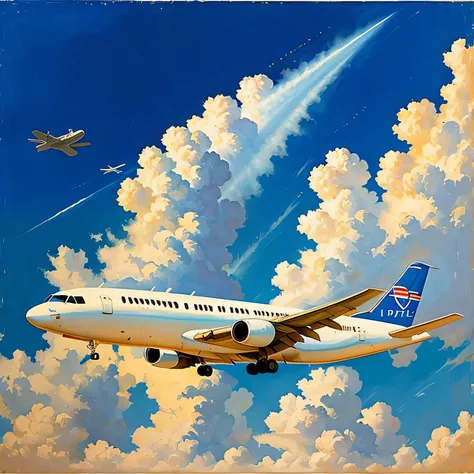 A painting of an airplane in the sky, by Julio Larraz, Teniente Wilhelm Sasnal, por Luc Tuymans, por David Ligare, por Louis le Brocquy, Obra maestra de David Ligare, inspirado por Julio Larraz, Soviet painting, Pascal Blanche y Edward Hopper, por Scott Li...