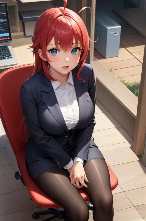 (masterpiece, best quality, detailed),1girl,rias gremory,red hair, ahoge, blue eyes, large breasts , sitting in an office chair,...