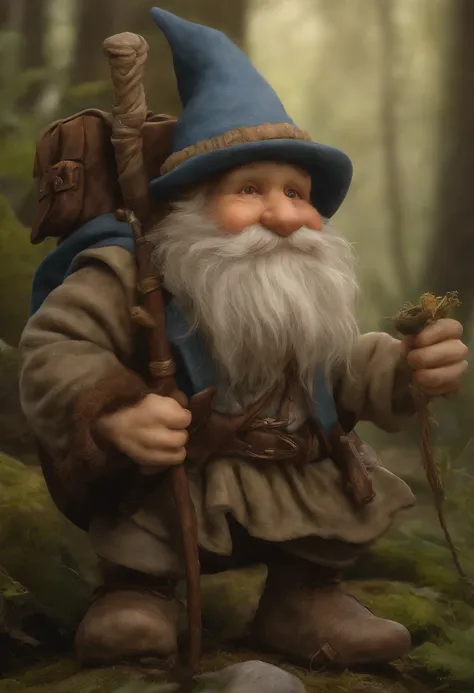 Close-up of a cartoon gnome with a hat and backpack, trajes azuis, a stick in the left hand, arte conceitual par Tony DiTerlizzi, Vencedor do concurso Artstation, Inculto, Brian Froud Juan Gimenez, Retrato de um gnomo chamado Eldon, Jean - Baptiste Monge, ...