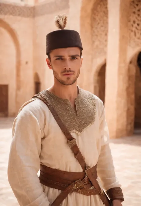 strong, A young man with brown and white hair, A light beard and a full body dressed as a warrior standing in the palaces of Andalusia ,Moroccan mosaic,Moroccan Zellige,Islamic War Hat,The whole body looks at the camera holding a sword