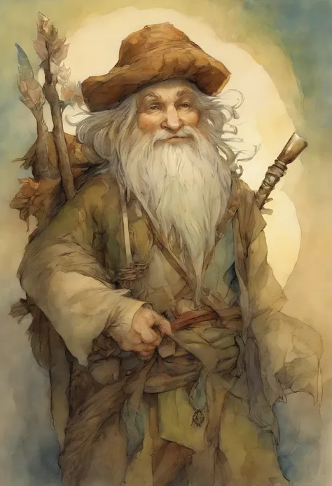 Close-up of a cartoon gnome with a hat and backpack, trajes azuis, a stick in the left hand, arte conceitual par Tony DiTerlizzi, Vencedor do concurso Artstation, Inculto, Brian Froud Juan Gimenez, Retrato de um gnomo chamado Eldon, Jean - Baptiste Monge, ...