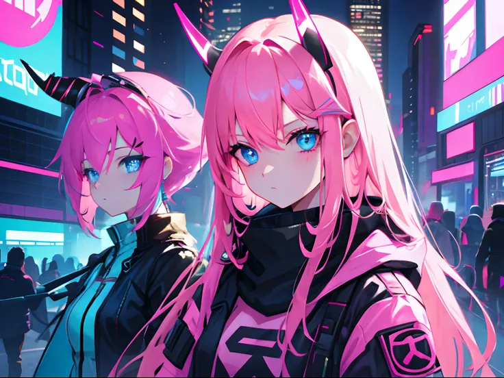 Women with Cyberpunk Pink Horns, Dark Bright Pink Hair, Blue eyes