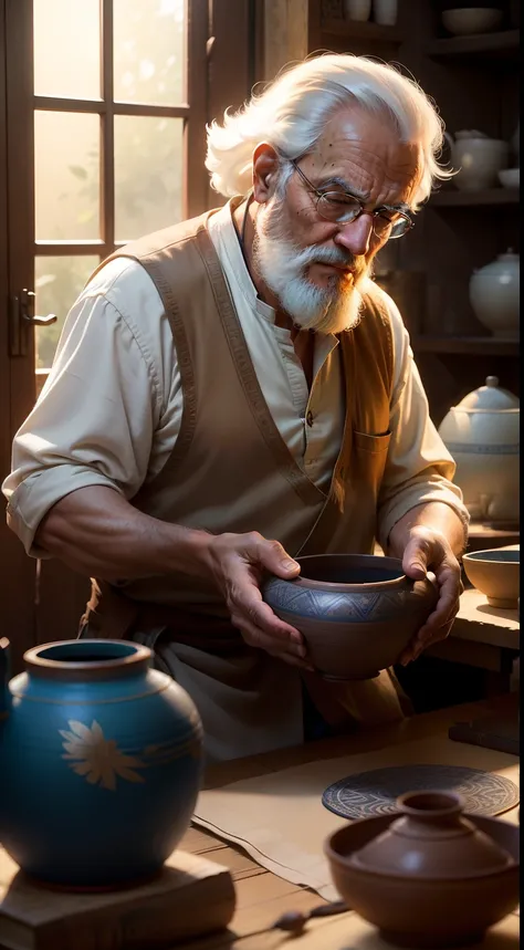 Artistic Image:
Type of Image: Digital Illustration
Subject Description: Transport yourself to a Persian Pottery workshop, where an old Persian man sits behind a workshop table, passionately creating a clay vessel. The mans face tells a story of a lifetime...