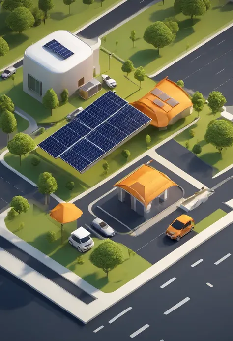 Isometric style, accurate 120 degrees, poly art, stylized 3D rendering, 3D stylized scene, a poster with a laptop, laptop, and a car connected to a solar panel, solar, solid, clean energy, teaser, excellent, omg, online, by Harold von Schmidt, renewable en...