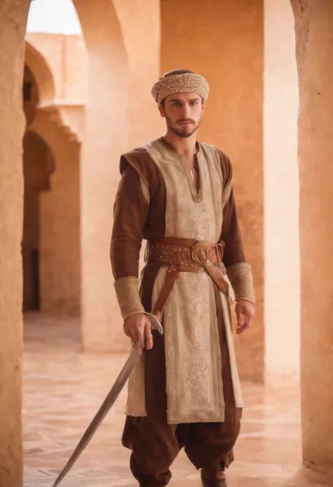 strong, A young man with brown and white hair, A slight beard and a full body dressed as a warrior standing in the palaces of Andalusia ,Moroccan mosaic,Moroccan Zellige,Islamic War Hat,The whole body looks at the camera holding a sword