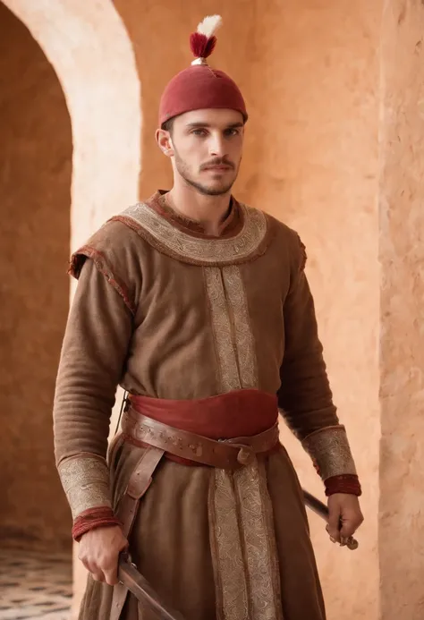 strong, A young man with brown and white hair, A slight beard and a full body dressed as a warrior standing in the palaces of Andalusia ,Moroccan mosaic,Moroccan Zellige,Islamic War Hat,The whole body looks at the camera holding a sword