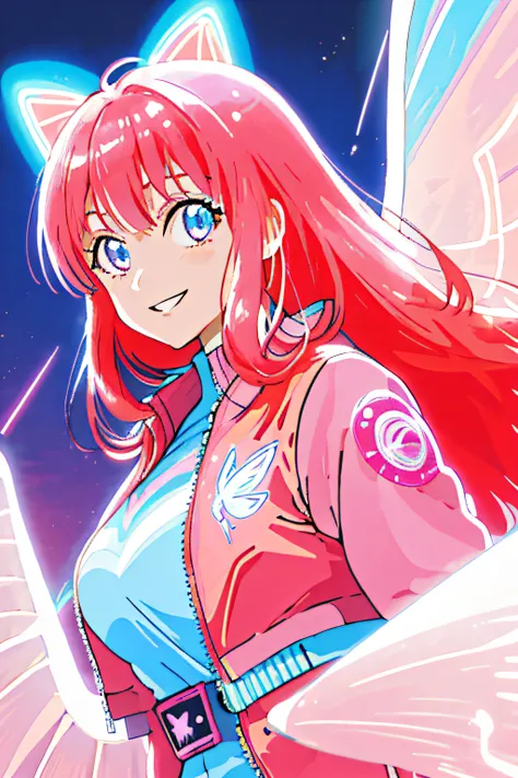 masterpiece, best quality, 1girl, city pop, night, neon light, looking at another, upper body, vector illustration, jacket, light smile, blunt bangs, long hair, pink clothes, pink hair, large light blue butterfly wings