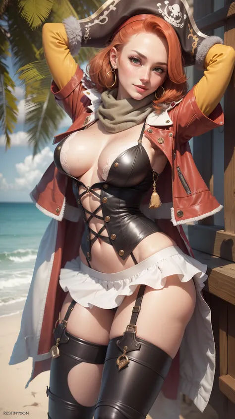 gwen tennyson,hd,nami,1girl,teenager, atelier ryza,pirate outfit,beach,green eyes,long scarf,thigh high boots,garter belt, shy smile,striped panties,short hair,orange hair,pirate ship,white striped top,tight micro skirt,wet body, freckles,redhead,pirate co...