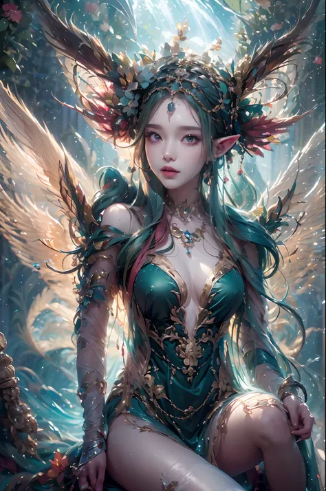 ( Absurd, High quality, Ultra-detailed, Masterpiece, concept-art, smooth, high detail artwork, Hyper-realistic painting ) , elf, Plum elf, plum , Transparent fairy wings, huge tit，low chest，fairytale-like, Romantic, Vivid, Whole body,hand behind back，Malu，...