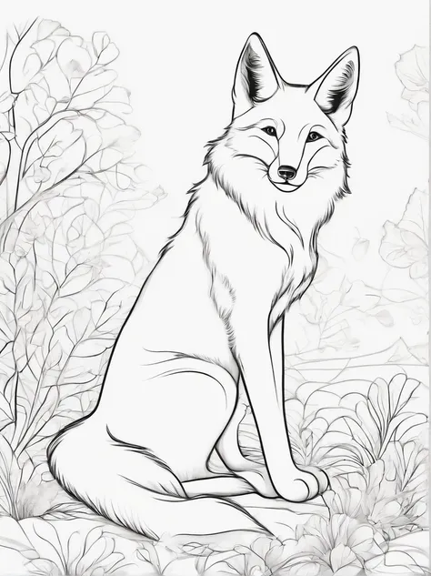 (best quality,high-res,masterpiece:1.2),cute cartoon style,black and white coloring book drawings of a beautiful fox with minimal details,ultra-detailed,charming and adorable,expressive and lively eyes and face,fluffy fur with delicate lines,graceful and d...