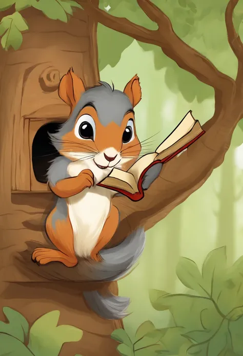 Eddie, the curious squirrel, in his cozy tree house in the forest. A close-up of Eddies paws, the curious squirrel holding a book with his tiny paws. The bookshelves with colorful pictures on the walls are blurred in the background. In the illustration sty...