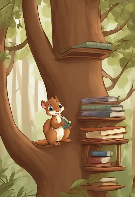 Eddie, the curious squirrel, in his cozy tree house in the forest. A close-up of Eddies paws, the curious squirrel holding a book with his tiny paws. The bookshelves with colorful pictures on the walls are blurred in the background. In the illustration sty...