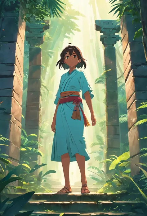 Generate a visual representation of a Mayan girl in an ancient environment, rodeada de selva tropical y templos en ruinas, With a mysterious aura that captures the spirit of the Mayan civilization