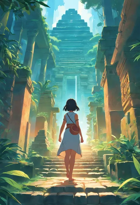 Generate a visual representation of a Mayan girl in an ancient environment, rodeada de selva tropical y templos en ruinas, With a mysterious aura that captures the spirit of the Mayan civilization