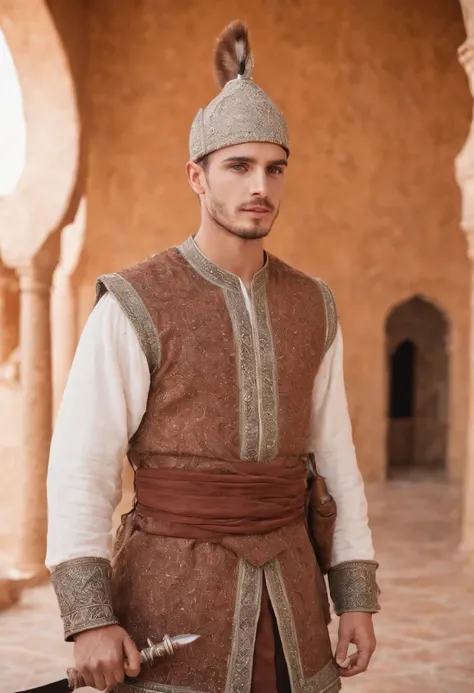 strong, A young man with brown and white hair, A slight beard and a full body dressed as a warrior standing in the palaces of Andalusia ,Moroccan mosaic,Moroccan Zellige,Islamic War Hat,The whole body looks at the camera holding a sword