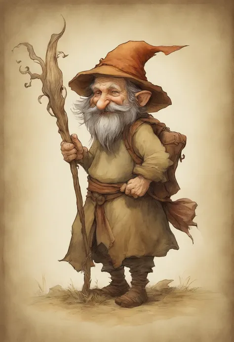 Close-up of a cartoon gnome with a hat and backpack, trajes azuis, a stick in the left hand, arte conceitual par Tony DiTerlizzi, Vencedor do concurso Artstation, Inculto, Brian Froud Juan Gimenez, Retrato de um gnomo chamado Eldon, Jean - Baptiste Monge, ...