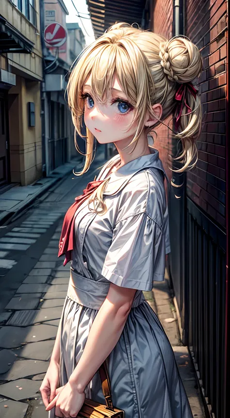 (masterpiece), best quality, expressive eyes, perfect face, Description of a scene of a girl with blond hair, (two buns hairstyle), and wearing kawaii outfit, in the alley at morning,