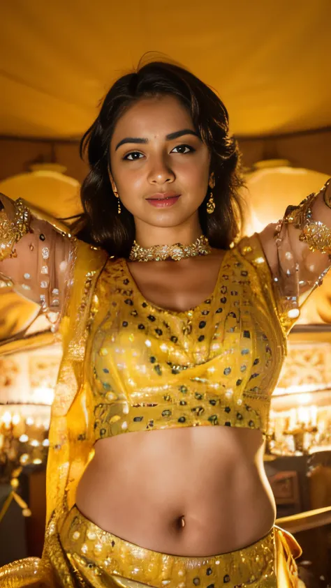 a close up of a srilanka female model 2 5yo, navita thomas India actress, in a yellow outfit posing for a picture, traditional beauty, indian goddess, music video, indian, she is dressed as a belly dancer, beautiful pose, indian style, wearing a blouse, st...