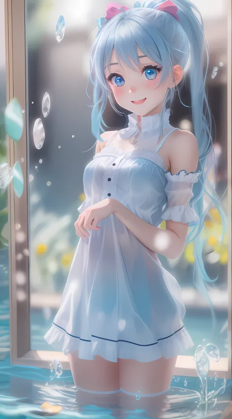 (8k, UHD), highres: 1.2, ultra quality, extreme detailed, smooth focus, Young anime girl, light blue eyes, short ponytail, petite body, happy expression, blush, causal short, (standing next to a mirror of water: 1.2),mirror effects, ray tracing, trending i...