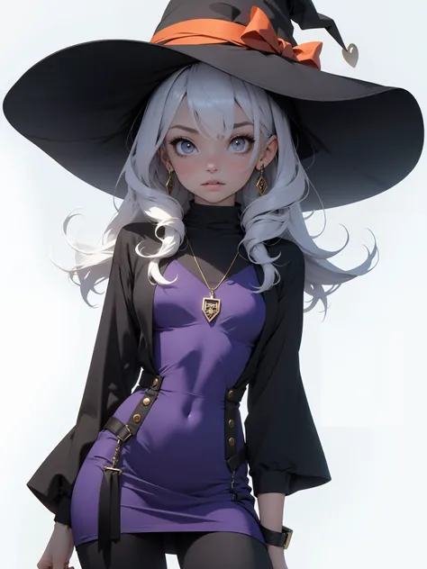 teenage halloween witch, purple dress, conical witch hat, corpo todo, maquiagem, mascara, Lips are soft or colored, fundo preto simples, minimalismo, monotone, paletas de cores simples, limpo, Crisp drawings, silhuetas fluidas, lo gothic , half pants, vest...