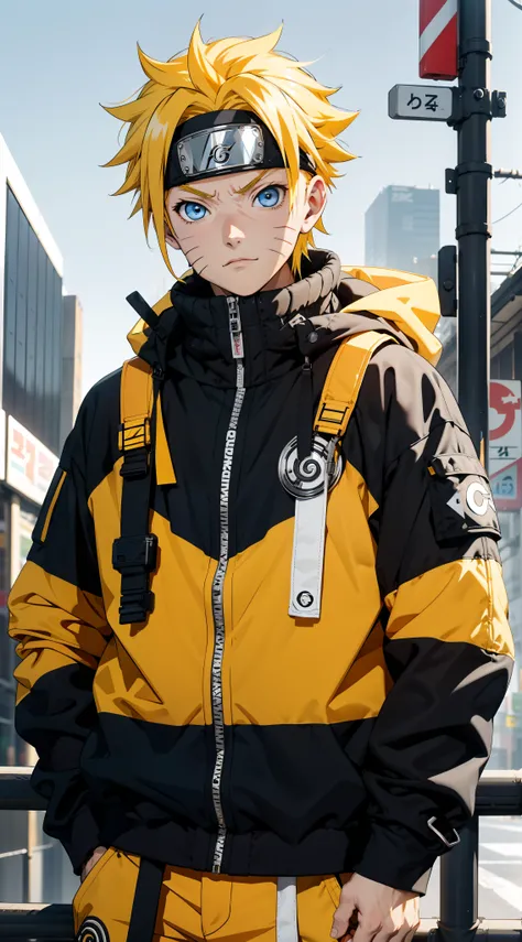 Masterpiece, 1boy, Superb Style, streetwear Supreme chothes, Outdoor, Upper Body, Uzumaki Naruto, blue eyes, yellow hair, cool boy