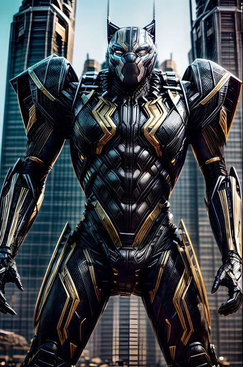 transformer close up, high texture quality, highly detailed, sharp, metallic, bold, 4k, in theme of black panther with gold strips, fully metal,