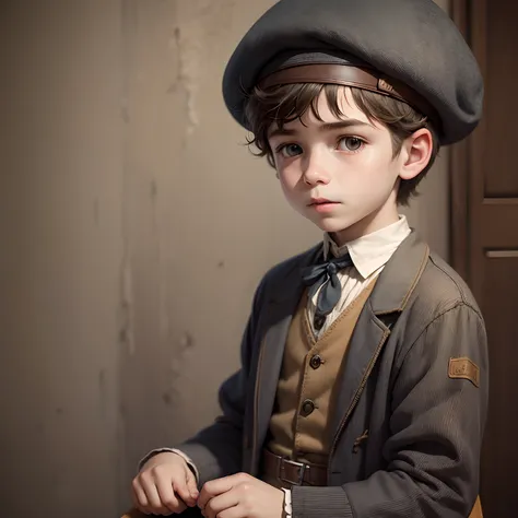 1900s clothes, kid, beret, solo, realistic, boy, great depression, young teenage