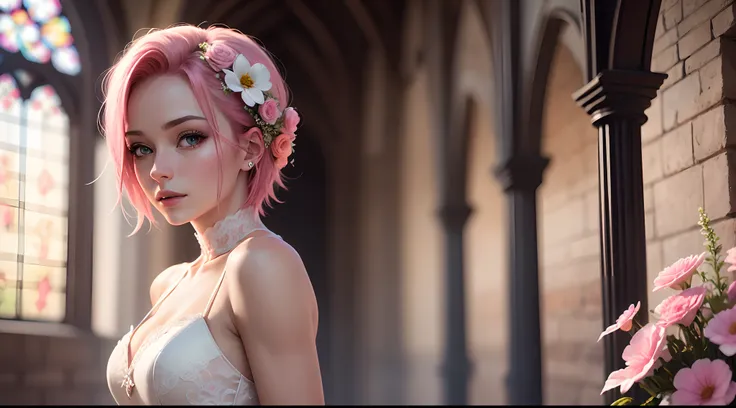 Sakura Haruno, ((Solo)), Alone, Bride, Wearing a white wedding dress, queen, cheerfulness, ((The forehead to display)), standing, Enter the church, Pink hair, Short hair, Delicate, Young, Short hair, Detailed face, High definition, ((full bodyesbian)), (Fl...