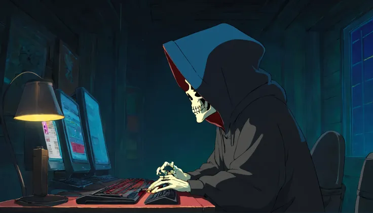 A man skull in a black hood broadcasts a game on a computer in a very dark room