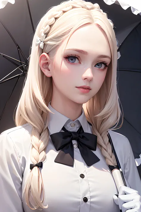 "(best quality,4k,8k,highres,masterpiece:1.2),ultra-detailed,(realistic,photorealistic,photo-realistic:1.37), manhwa art european 17 year old schoolgirl, very pale porcelain skin, platinum blonde long french braided hair, crazy scarlet eyes, platinum blond...