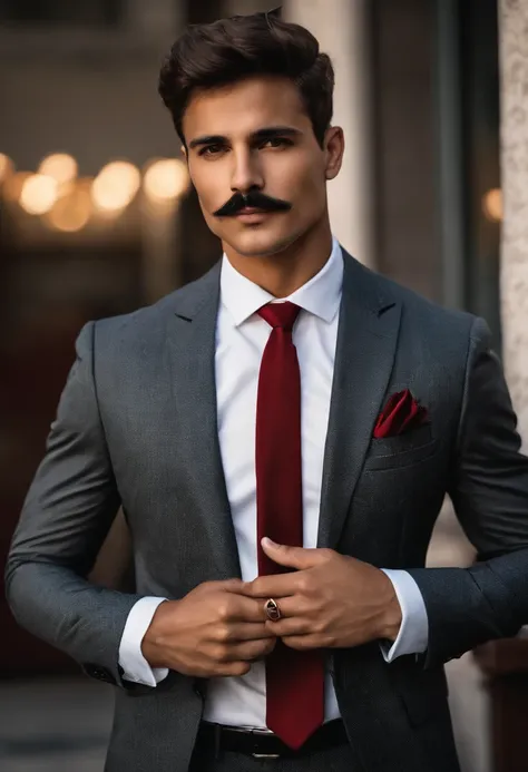 one man, young, stylish mustache, Brazilian, Bahian, short hair, wearing black suit, wedding ring, classic watch, red tie, white shirt, crossed arm, bust, brown,expressive eyes, well-marked face, contour lines