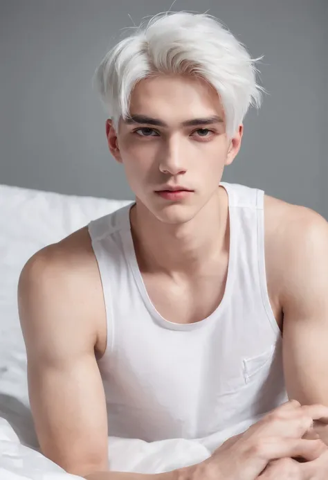 20-year-old male with white  hair, two block haircut , dressed in a plain white tank top, lying on a bed, pensive expression