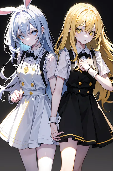 teens girl　alice　Yellow and black clothes　pinafore　catss　bunny rabbit　​masterpiece　Top image quality　Darken shading(light)　Clear　cinematic shadow　Increased attractiveness of the eyes　{Perfect face} 　Clear the shine of the eyes　Draw eyelashes neatly