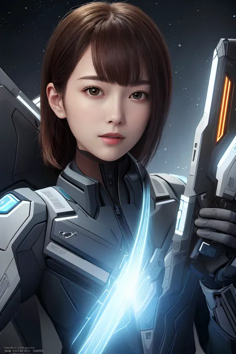 ​masterpiece、top-quality、realisitic、ultra-detailliert、SFW、head shot、Portrait of a young woman、starsector、Sci-fi style suit、High-tech gadgets、Turn your head to the right、