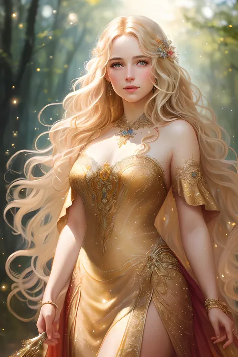 (((realistic painting))), (full body: 1.6), (amazing glamour)) woman at renaissance festival, ((perfectly feminine face)), (+blonde wavy long hair), (+sparkle Glowing freckles), (glitter), in flowing dress, intricate, 8k, highly detailed, volumetric lighti...