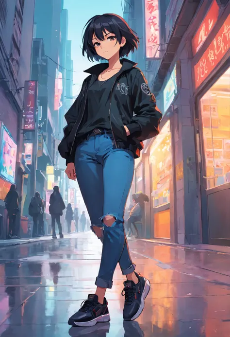 Goth woman beauty nice figure in black jacket and jeans cool sneakers with pistol